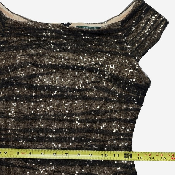 Lauren Ralph Lauren Evening Dress Size 8 Gold Sequined Black Tulle Stretch - Picture 8 of 12